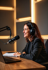 A confident woman hosts a podcast from her modern workspace featuring a professional microphone as she shares insights, creating engaging audio content in a focused ambiance.