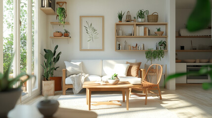 "A bright Scandinavian-style space with natural light, wooden furniture, and a light palette of white, beige, and pastels. Minimalist shelves, cozy throws, and succulents enhance the Nordic simplicity