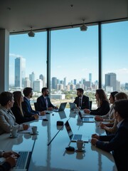 A business meeting with several professionals in a high-rise office, featuring floor-to-ceiling windows with a view of the city skyline, capturing themes of corporate strategy and teamwork.
