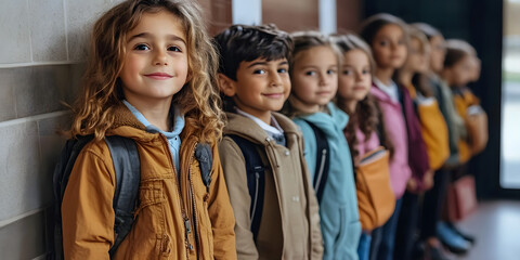 Eager kindergarteners standing in line before class, chatting and laughing as they wait for the...