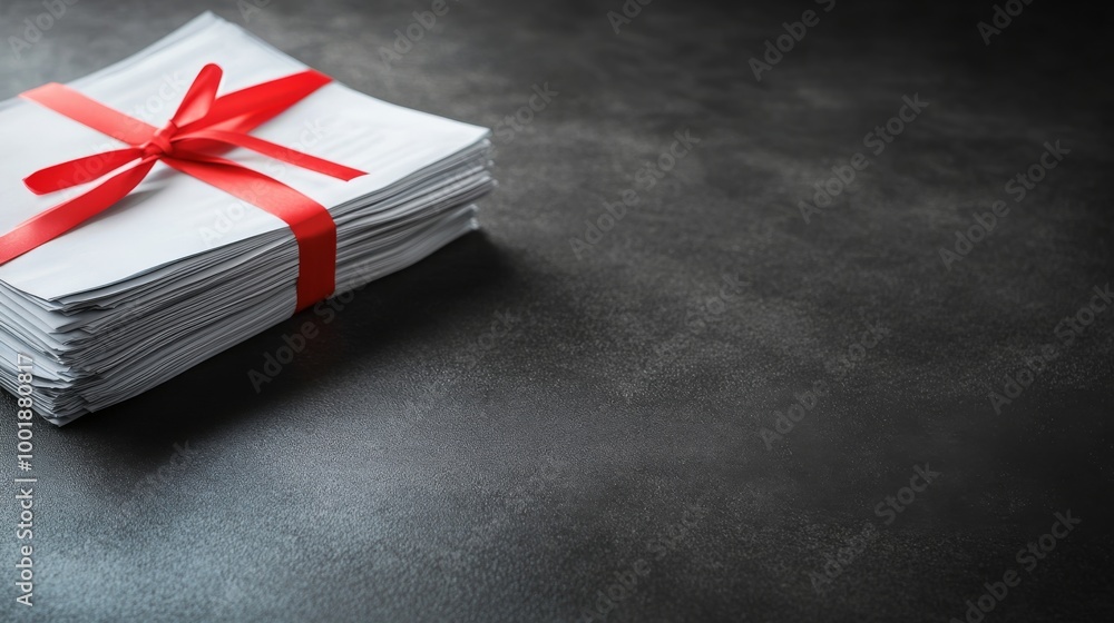 Poster this composition features a neatly stacked pile of business reports wrapped with a bright red ribbon