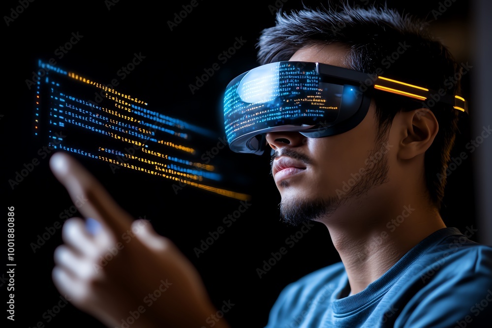 Aufkleber Futuristic code review session, where developers use augmented reality glasses to visualize and interact with lines of code floating in the air