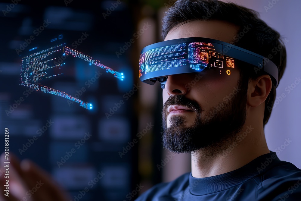 Poster Futuristic code review session, where developers use augmented reality glasses to visualize and interact with lines of code floating in the air