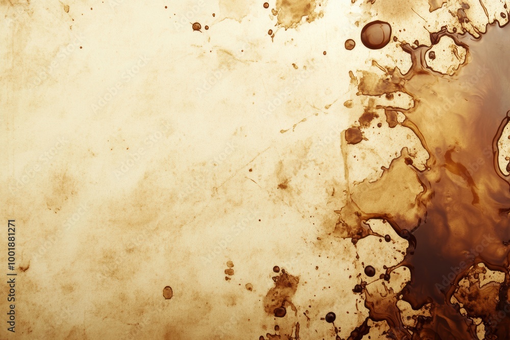Poster an abstract artistic background featuring varied coffee stains and splashes on a textured canvas cre