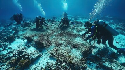 Obraz premium Divers Removing Fishing Nets from Coral Reef