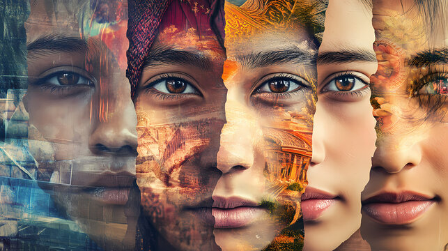 A photo collage of different human faces, representing diverse cultures and ethnicities, with overlapping layers to symbolize unity and diversity. Photomontage. Illustration