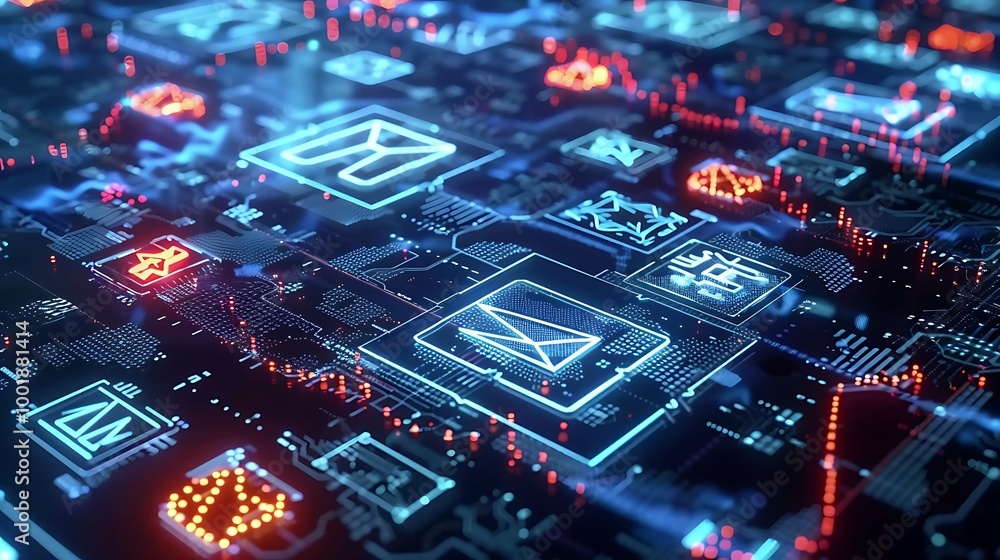 Poster close-up of a digital circuit board with glowing icons, representing the interconnected nature of te