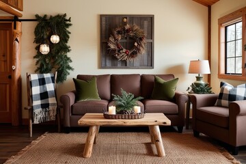 Cozy Cabin Retreat Decor Featuring Rustic Brown Sofa, Olive Green Cushions, and Checkered Blanket Against Cream Wall