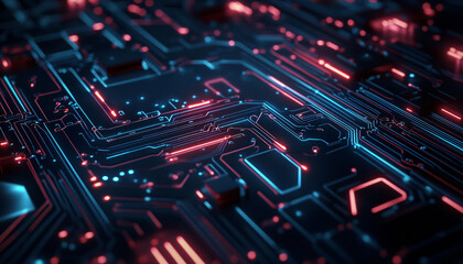 Obraz premium A close-up of a futuristic circuit board with glowing lines and components, evoking high-tech and digital precision