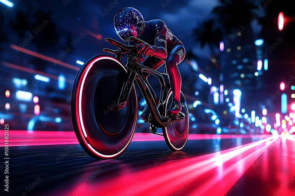 Poster futuristic cycling in a digital city, where cyclists ride on neon-lit paths with virtual coaches, th