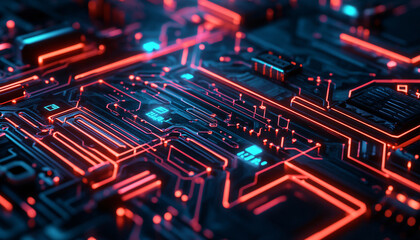 Obraz premium A close-up of a futuristic circuit board with glowing lines and components, evoking high-tech and digital precision