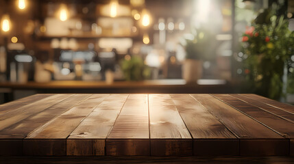3d rendering of an empty brown wooden table with a blurred coffee shop or restaurant background featuring bokeh effects ideal for photomontage or product display. Photomontage. Illustration