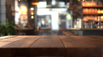 3d rendering of an empty brown wooden table with a blurred coffee shop or restaurant background featuring bokeh effects ideal for photomontage or product display. Photomontage. Illustration