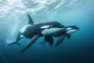 Fototapeta premium Majestic Orcas Swimming Underwater in Tranquil Ocean