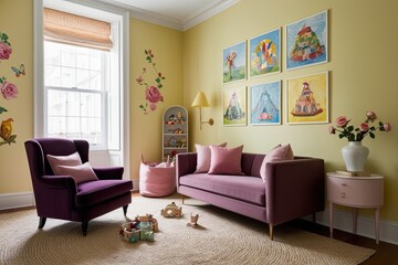 Obraz premium Whimsical Playroom Ideas Featuring Plum Armchair Rose Pastel Pillows and Colorful Murals on Butter Yellow Walls