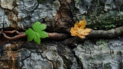 Two leaves one green and one yellow, lie on a tree bark. The green leaf is fresh and vibrant, while the yellow leaf is withered and dry.