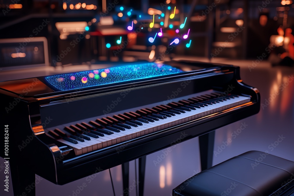 Aufkleber Futuristic digital piano, with holographic keys that light up when played, creating colorful soundwaves that float above the instrument, set in a high-tech music studio
