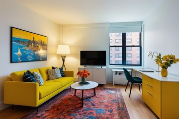 Cheerful Studio Apartment Featuring Yellow Sofa and Modern Storage Solutions