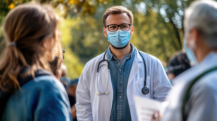 Medical professionals giving instructions to patients outdoors, showcasing doctor in white coat and mask, engaged in conversation with individuals, emphasizing health and care