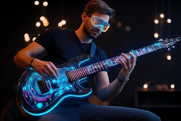 Futuristic electric guitar with holographic strings, where each strum produces glowing digital effects, and the soundwaves are visible as neon lights swirling around the musician