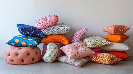 Show a whimsical stack of cushions in various shapes and sizes, creating a playful and artistic visual. The cushions can be in a mix of colors and patterns to add vibrancy and charm.