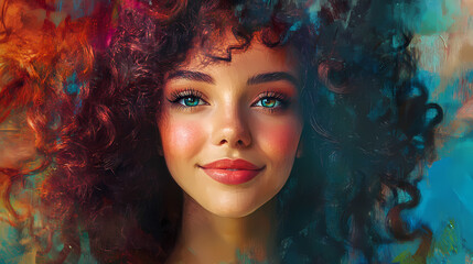 Obraz premium A fun photomontage in visual arts of a happy fictional character with curly hair. the painting showcases her striking eyelashes and unique features. Photomontage. Illustration