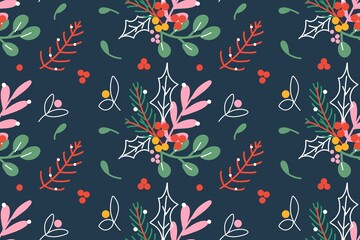 Merry Christmas seamless pattern with fir branches and holly berry, art work style digital printing for fabric wallpaper background, dress, bed sheet, wall, sticker and shirt