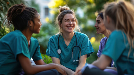 Nurses in scrubs share joyful moment outdoors, showcasing camaraderie and teamwork. Their diverse backgrounds highlight unity in healthcare