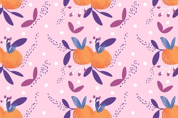 Obraz premium Floral seamless pattern with leaves, hand drawn orange fruit illustration, art work style digital printing for fabric wallpaper background, dress, bed sheet, wall, sticker and shirt