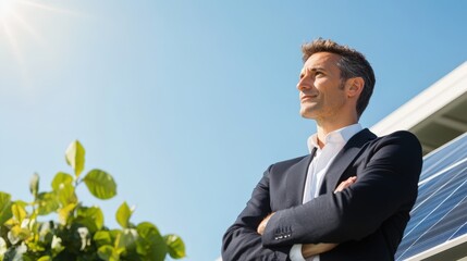 Confident Businessman by Solar Panels and Greenery