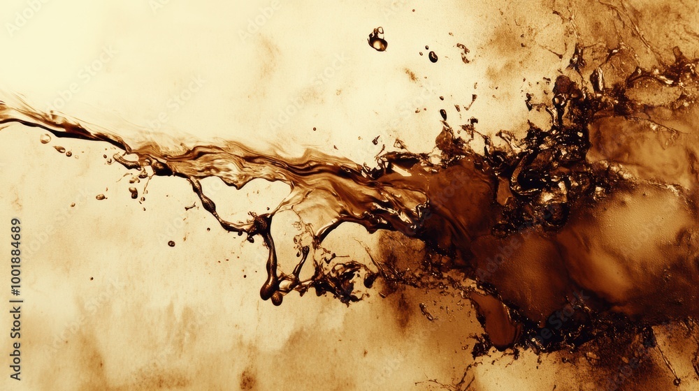 Poster An abstract artistic background featuring dynamic coffee stains and splashes on a textured surface. Generative AI