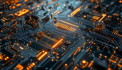 Obraz premium A close-up of a futuristic circuit board with glowing lines and components, evoking high-tech and digital precision