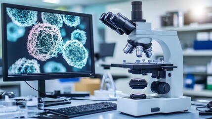 A laboratory setup featuring a microscope connected to a computer, showing detailed imagery of genetically engineered bacteria on a large digital monitor 