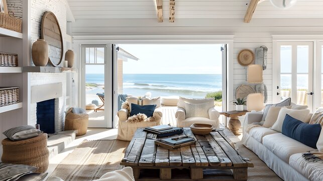 Living room beautifully designed with white color scheme and fireplace for comfortable seating experience facing expansive ocean view through large windows natural light concept.