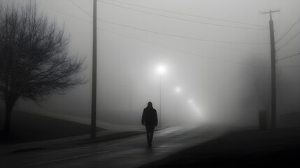 A lone figure, silhouetted against the backdrop of a foggy street, walking away in the dim light of dawn, capturing the emotion of a farewell moment 