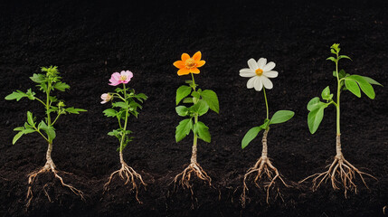 Show the stages of a plant growing from a seed into a fully bloomed flower or tree. 