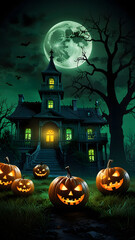 Fototapeta premium Spooky Halloween Scene with Creepy Pumpkins, Haunted Mansion, and Full Moon, Perfect for Horror-Themed Backgrounds, Scary Events, or Halloween Party Invitations