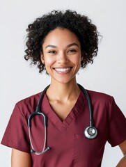 Smiling Nurse in Burgundy Scrubs with Stethoscope