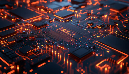Obraz premium A close-up of a futuristic circuit board with glowing lines and components, evoking high-tech and digital precision