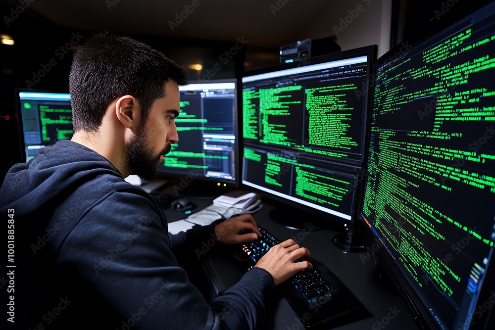 Poster Hacker writing code in a dark room, with green text scrolling across multiple screens as they test a new exploit