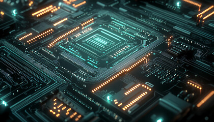 Obraz premium A close-up of a futuristic circuit board with glowing lines and components, evoking high-tech and digital precision
