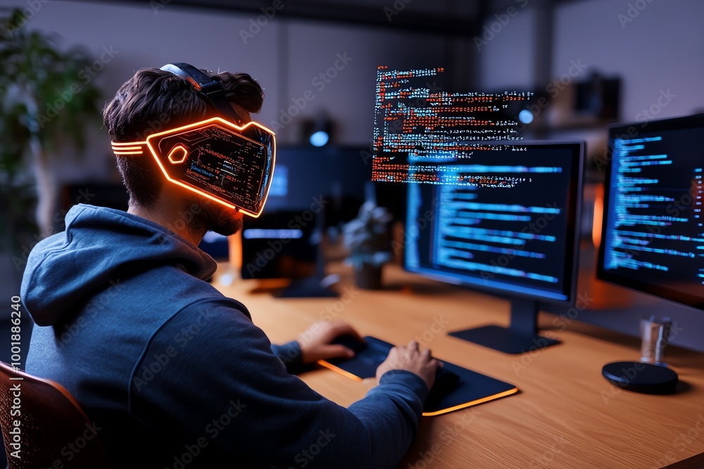 Poster holographic coding interface used by a programmer in a futuristic office, with 3d code floating in m