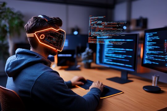 Holographic coding interface used by a programmer in a futuristic office, with 3D code floating in mid-air and virtual screens surrounding them
