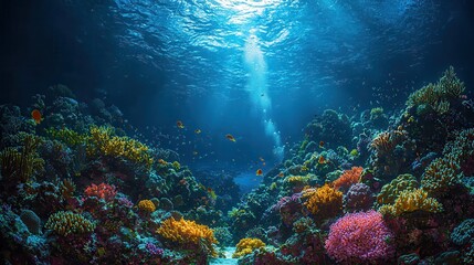 Fototapeta premium Vibrant Coral Reef Underwater Scene with Sunlight