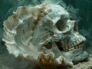 Skull and Seashell in Smoke: A Surreal Still Life