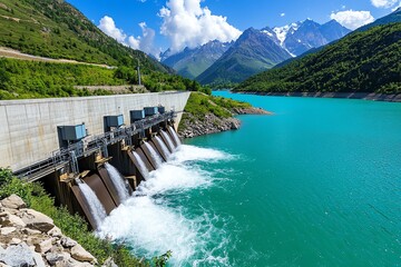 Hydropower station with a serene lake and mountains in the background, generating clean energy from water while preserving natural beauty