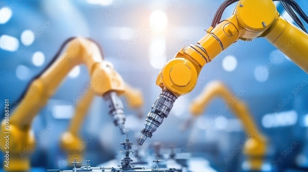 Poster innovative high-tech factory with automated machines producing precision parts