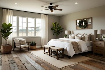 Stylish Modern Farmhouse Bedroom Design Featuring Reclaimed Wood Flooring and Elegant Decor