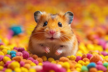 Adorable Hamster in Colorful Candy Background
