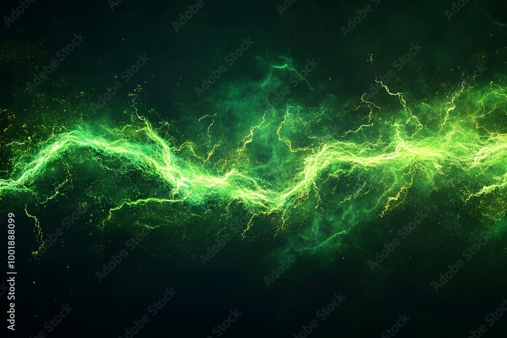 Wall mural green energy pulsing and flowing through dark space with glowing particles background